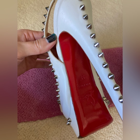 Christian Louboutin White Lady Clou 150 Spikes Studded Peep Toe Pumps Heels 37 - Picture 10 of 11